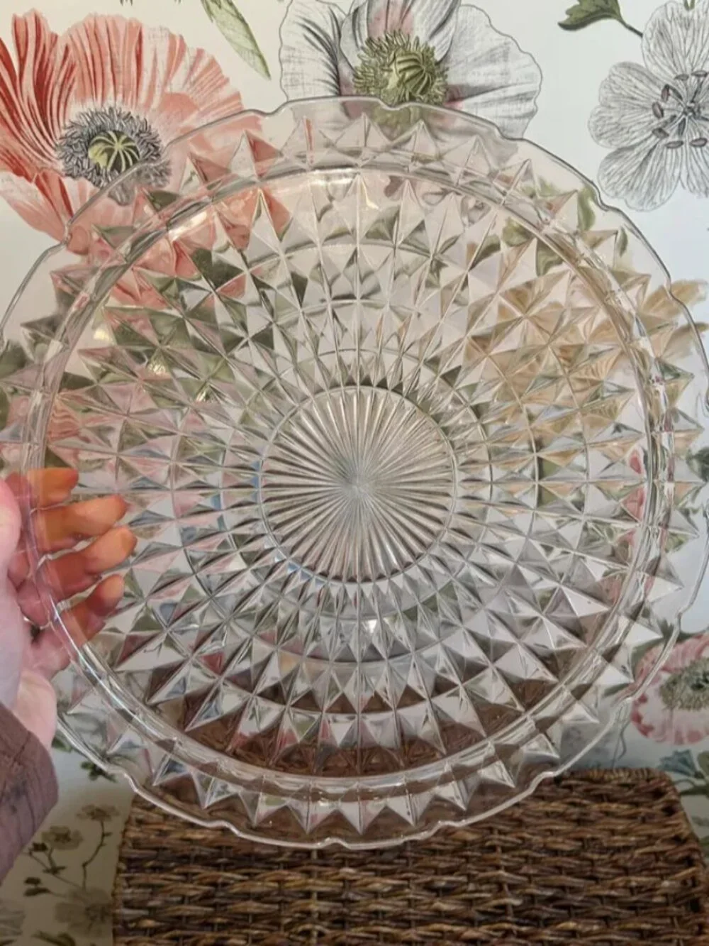 Vintage Blush Pink Pressed Glass Starburst Platter Decorative Round Tray